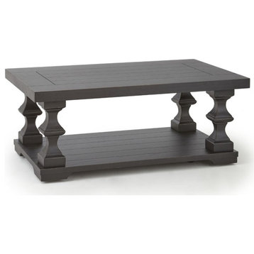 Bowery Hill Wood Coffee Table with Planked Top and Pedestal Base in Ebony