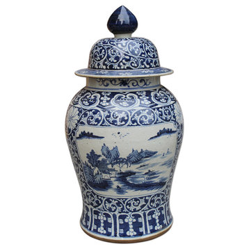 Large Blue and White Porcelain Rose Medallion Style Temple Jar 30"