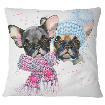 Lovely Puppies With Neck Shawls Contemporary Animal Throw Pillow, 16"x16"