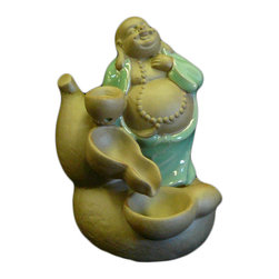 Chinese Ceramic Happy Buddha Incense Burner Display - Candleholders