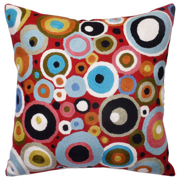 Red Polka Dots Pillow Cover Geometric Contemporary Hand Embroidered 18x18