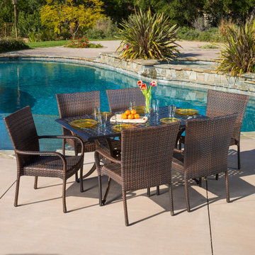 Contemporary Outdoor Patio Ft. 7pcs Cast Aluminum Wicker Dining Set