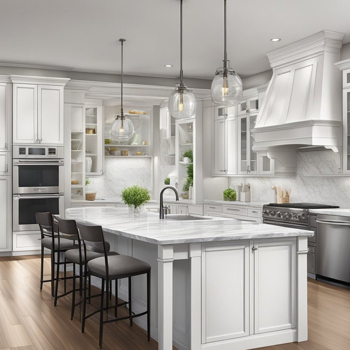 A kitchen with white cabinets