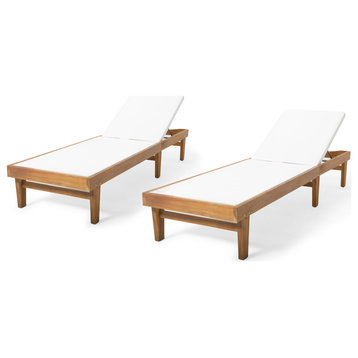 GDF Studio Shiny Outdoor Mesh and Wood Chaise Lounge, Set of 2, Teak/White
