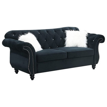 Classic Loveseat, Diamond Button Tufted Back & Rolled Arms With Nailhead, Black