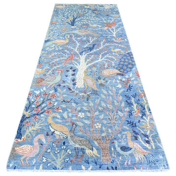 Blue Birds of Paradise Peshawar Wool Hand Knotted Wide Runner Rug, 4'x10'1"