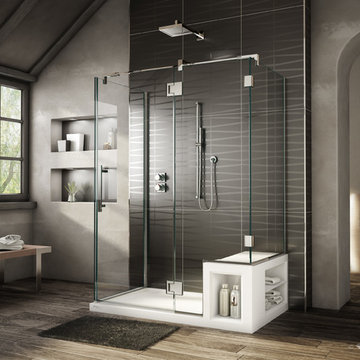 3 sided shower unit with storage in the acrylic base