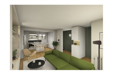 Cette photo montre un petit salon ouvert avec un mur vert, parquet clair et un téléviseur fixé au mur.