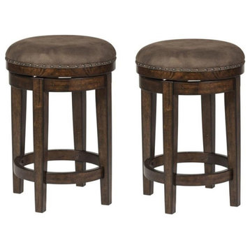 Home Square 2 Piece Swivel Upholstered Wood Barstool Set in Walnut