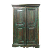 Mogul Interior - Consigned Antique Reclaimed Wood Green Armoire Storage - Armoires And Wardrobes