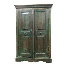 Mogul Interior - Consigned Antique Reclaimed Wood Green Armoire Storage - Armoires and Wardrobes