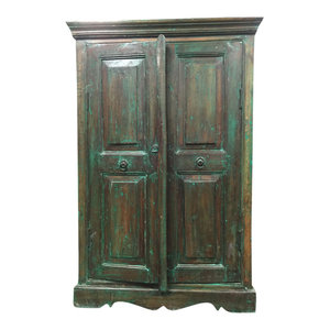 Mogul Interior - Consigned Antique Reclaimed Wood Green Armoire Storage - Armoires And Wardrobes