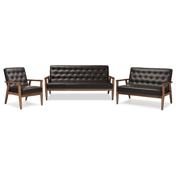 Sorrento Retro Upholstered Wooden 3-Piece Living Room Set, Brown Faux Leather