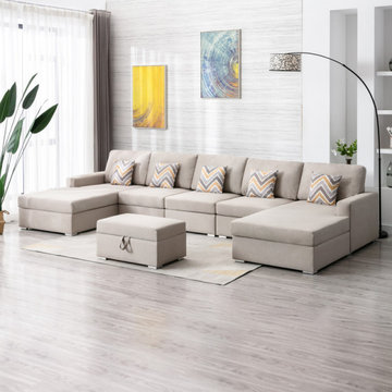 Nolan 152" Linen 6Pc Double Chaise Sectional Sofa with Interchangeable Legs, Sto