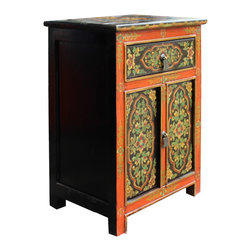 Tibetan Oriental Black Orange Floral End Table Nightstand - Side Tables And End Tables