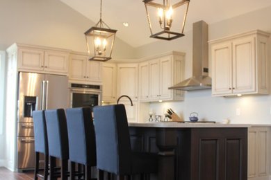 Elegant kitchen photo in Philadelphia with raised-panel cabinets, quartz countertops and stainless steel appliances