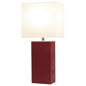 Lalia Home 21in Leather Base Table Lamp with USB Charging Port Red