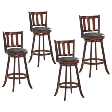 Costway Rubber Wood and Leather Swivel Bar Stools in Brown (Set of 4)