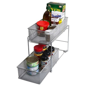 Silver 2 Tier Mesh Sliding Pantry Closet Spice And Sauces Organizer Drawer
