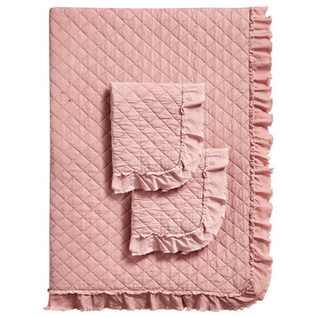 3-Piece Bedspread Coverlet Quilt Set, Lightweight, Ruffle, Pink, King