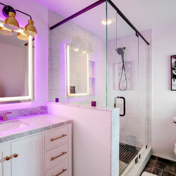 Chic Teen Bathroom with LED Mirrors and Marble Accents