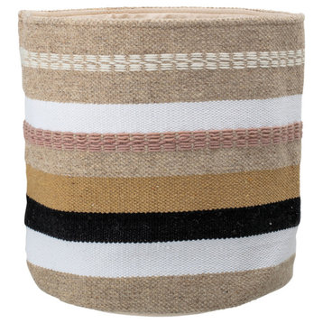 Wool/Cotton Fabric Basket With Gray, Brown/Pink Stripes