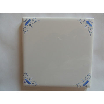 Delft Style Blue and White Wall Tile Oxen Corner Motif Design, Set of 60