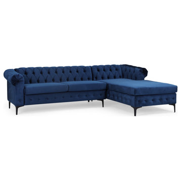 Nathanial Velvet 3-Seater Sectional Sofa With Chaise Lounge, Midnight Blue and B