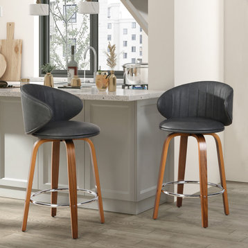 Swivel Counter Stool, Wood Bar stools, Pu Leather, Set of 2, Mid-Century Modern, Gray, 26''