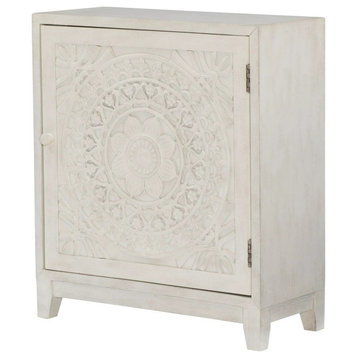 Retro Single Door Cabinet with Shelves and Unique Medallion Carving, Smokey White