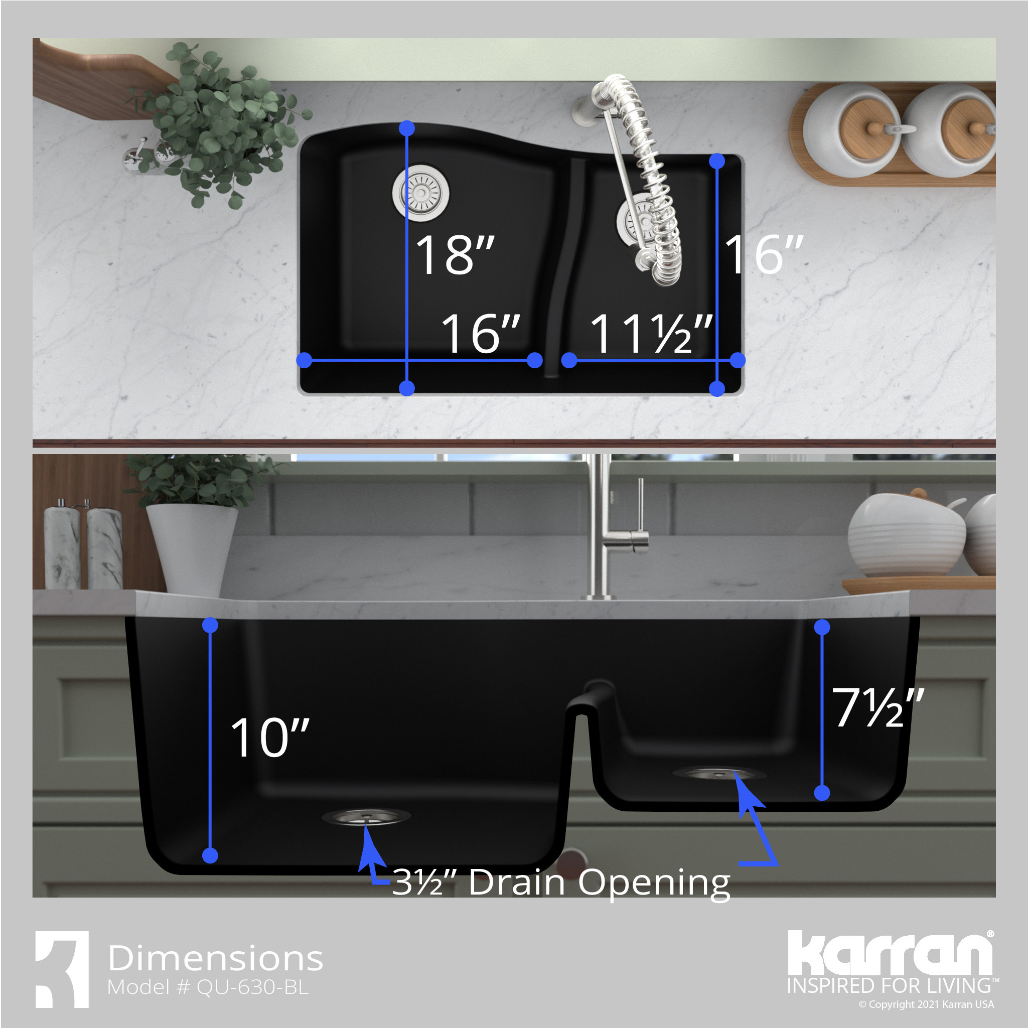 Karran Undermount Quartz 32" 60/40 Double Bowl Kitchen Sink, Black