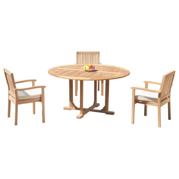 4-Piece Outdoor Teak Dining Set: 60" Round Table, 3 Leveb Stacking Arm Chairs