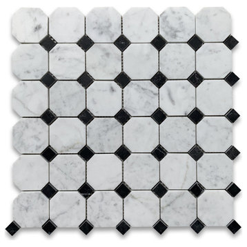 Carrara Marble Octagon Mosaic Vintage Tile Honed 2" White Venato, 1 sheet