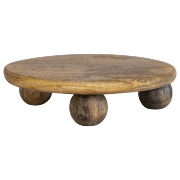 9.75 Inches Round Hand-Carved Mango Wood Cake Pedestal, Natural