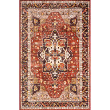 nuLOOM Hera Medallion Stain-Resistant Machine Washable Area Rug, Red 5' x 8'