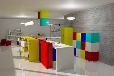 Esempio di una cucina industriale di medie dimensioni con lavello integrato, ante lisce, elettrodomestici colorati, nessuna isola, pavimento bianco e top bianco