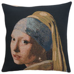 Charlotte Home Furnishings Inc. - Girl With The Pearl Earring Belgian Cushion Cover - Inspired by the famous oil painting by Johannes Vermeer circa 1665, our Girls with the Pearl Earring echoes the mystery and muse of the Dutch Gold Age original. The painting has been named and renamed over the centuries, but is most well-known under its current moniker as the large pearl earring is the most remarkable element of the piece. Our expertly woven tapestry is crafted with the same beautiful colors in a sheeny mix of viscose/cotton/polyester. The piece gets a dash of color from the subjects head dressing and shimmery yellow jacket. This tapestry pillow cover will bring a touch of historic artistry to your décor. Cushion cover backed with lining and zipper. Infill not included. Woven in Belgium.