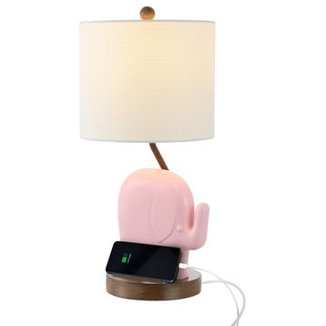 20.25" Bohemian Iron/Resin Elephant LED Kids Table Lamp, Phone Stand, USB Port
