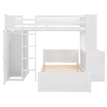 Gewnee Wood Twin size Loft Bed with Platform Bed and Wardrobe in White
