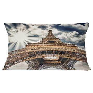 Fisheye View of Paris Eiffel Tower Cityscape Digital Throw Pillow, 12"x20"