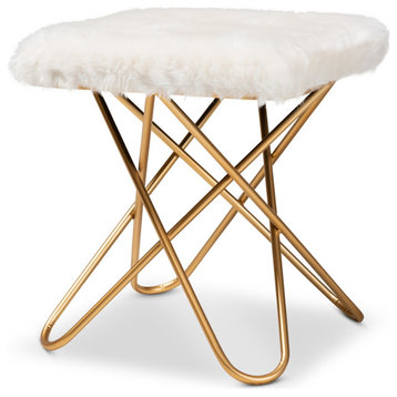 Stylish White Faux Fur Upholstered Gold Finished Metal Ottoman
