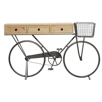 Farmhouse Console Table, Bicycle Design With 3 Drawers & Baskets, Black/Natural