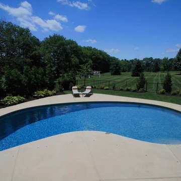 Kidney shaped in-ground salt water pool with outdoor kitchen