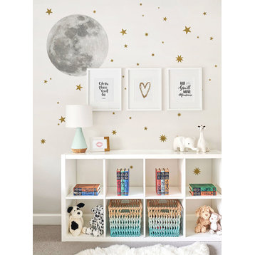 Moon and Stars, Vinyl Wall Sticker, Vinyl Wall Decal, Metallic Gold Stars