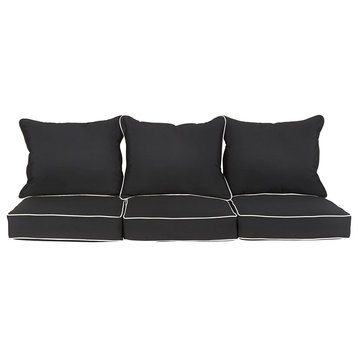 Outdoor Sofa Cushion, Sunbrella Fabric Cushions With Ivory Piping, Canvas Black