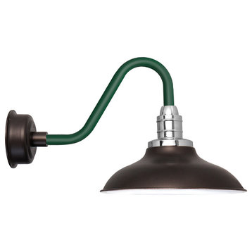 Vintage LED Barn Light, Mahogany Bronze Base With Green Stem, 12"