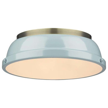 Duncan 14" Flush Mount, Aged Brass With Seafoam Shade
