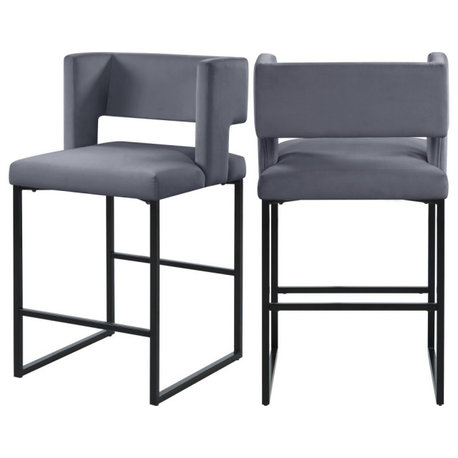 Caleb Upholstered Counter Stool, Set of 2, Gray, Velvet, Matte Black