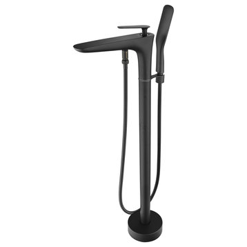 Pluto Floor Mounted Triangle Head Tub Filler Faucet with Handshower, Matte Black, Standard Handle