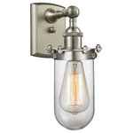 Innovations Lighting - Kingsbury 1-Light LED Sconce, Brushed Satin Nickel, Glass: Clear - The Austere makes quite an impact. Its industrial vintage look transports you back in time while still offering a crisp contemporary feel. This sultry collection has a 180 degree adjustable swivel that allows for more depth of lighting when needed.